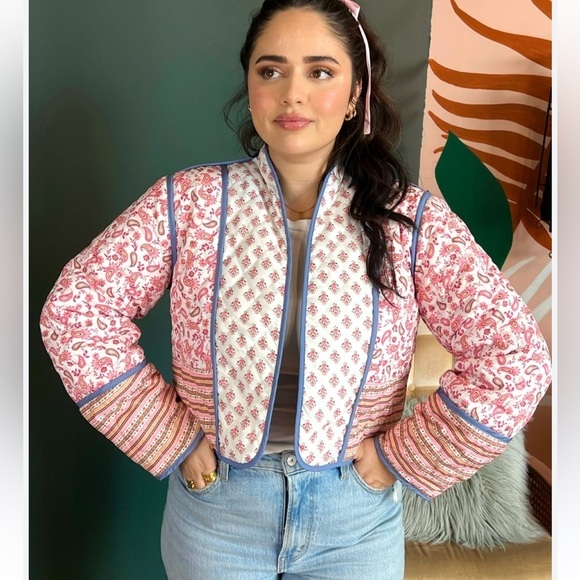 Boho Pink, White, Blue Quilted Reversible Jacket with Pockets - Picture 9 of 11